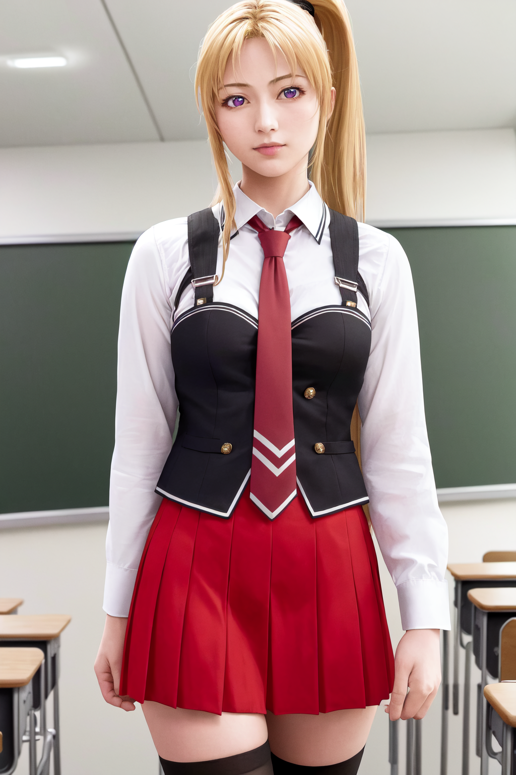 07634-2774655129-masterpiece, best quality, highres, 1girl kaori saeki parted bangs high ponytail, school uniform spaghetti strap black vest red.png